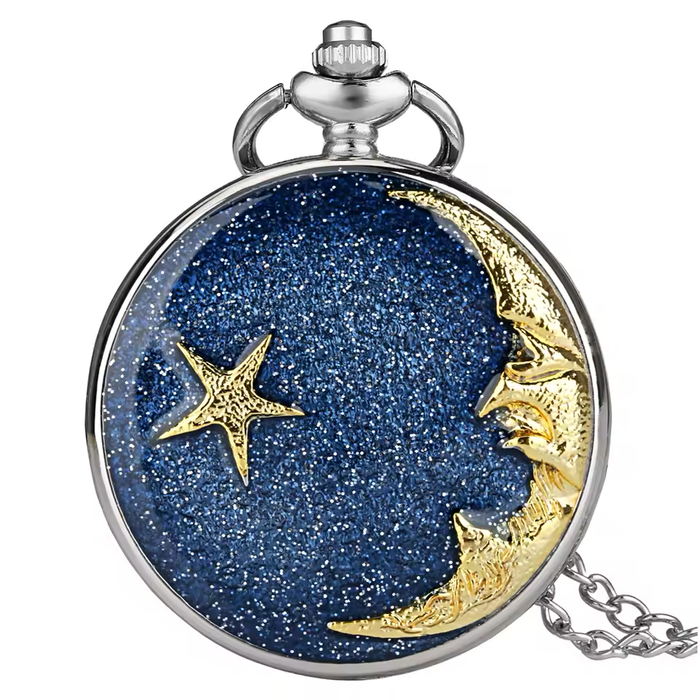 Star & Moon Steampunk Pendant Watch - Gold Blue Sky Quartz Clock