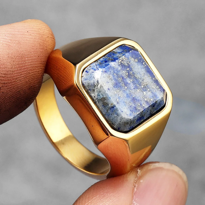 Gold Genuine Lapis Lazuli Stone Signet Ring