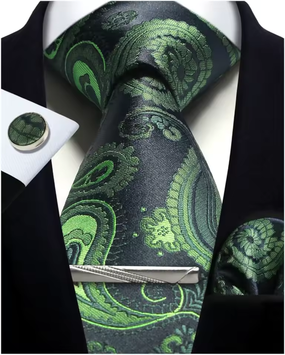 Silver Paisley Silk Tie Set for Men – Necktie, Cufflinks & Pocket Square