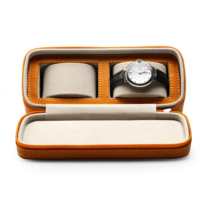 Designer Orange Leather Watch Case - 2 Slots