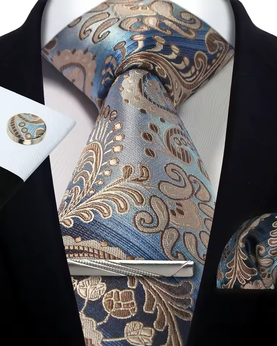 Silver Paisley Silk Tie Set for Men – Necktie, Cufflinks & Pocket Square