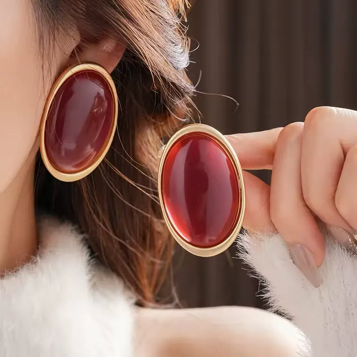 Vintage Simulated Pigeon Blood Ruby Oval Stud Earrings