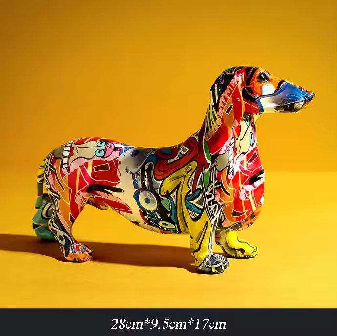 Modern Colorful Dachshund Dog Figurine – Hand-Painted Resin Decorative