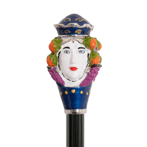 Sicilian Head Handle Blue Canopy Umbrella with Printed Interior