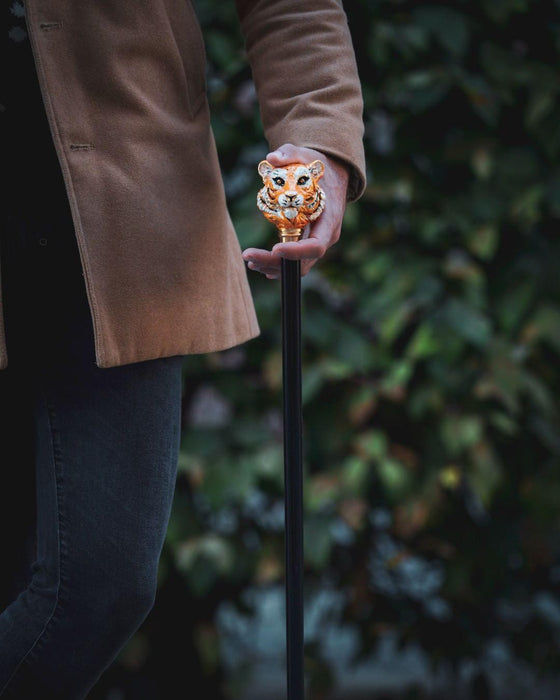 Unique Enameled Tiger Handle Walking Cane