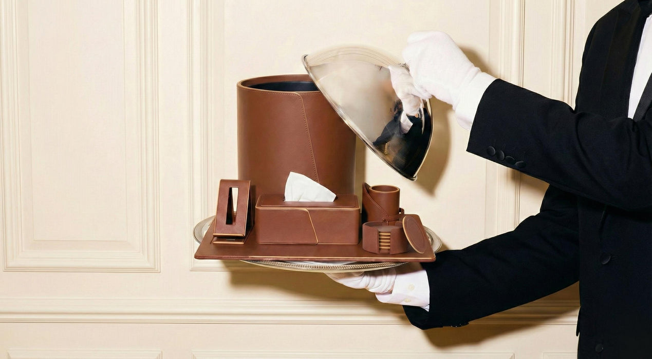 Cognac Leather Executive Office Desk Set with Beige Edge Detailing