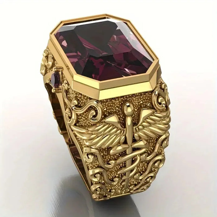 Yellow Gold Plated Vintage Snake Ring with Red Synthetic Zirconia