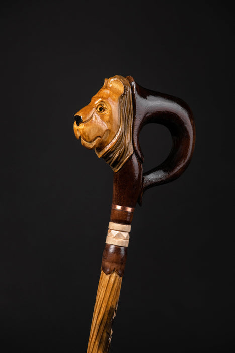 Antique Lion Head Walking Cane, Vintage Wooden Stick