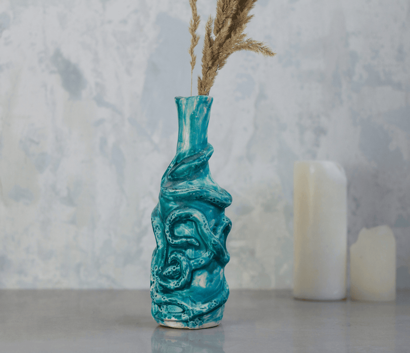 Blue ceramic vase with octopus