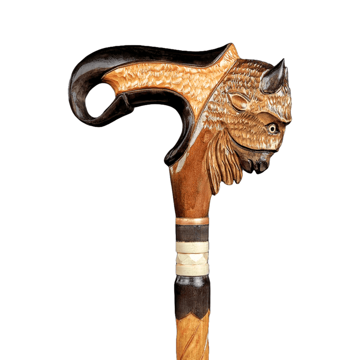 Art Wooden Cane American Bison Buffalo Head Walking Stick