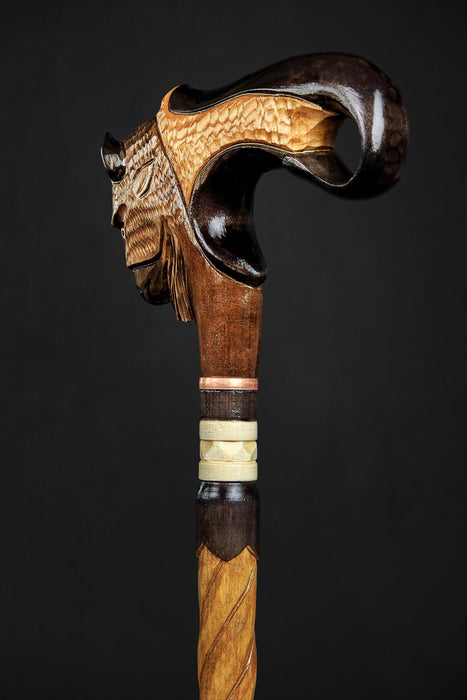 Art Wooden Cane American Bison Buffalo Head Walking Stick