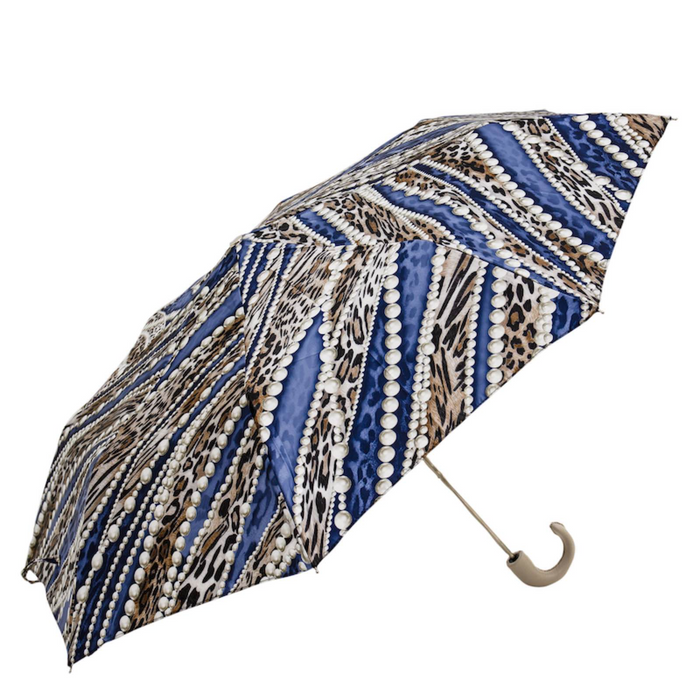 Pearl Print Leather Handle Designer Folding Umbrella