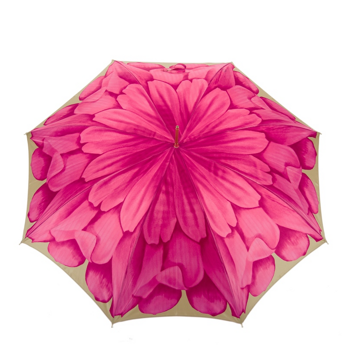 Chic Floral Design Fuchsia Dahlia Umbrella with Jeweled Brass Handle