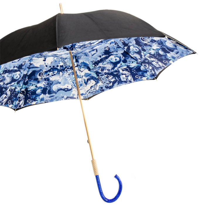 Blue Handle Printed Black Glamour Umbrella