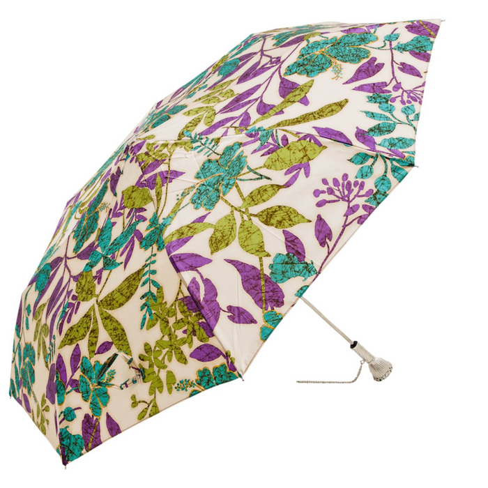 Spring Flower Print Jeweled Brass Folding Umbrella