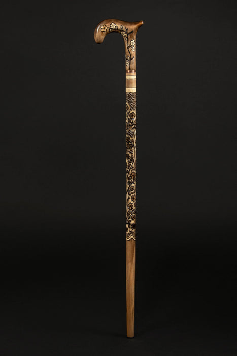 Beige Walking Cane for Ladies Rose, Flower Wooden Walking Stick