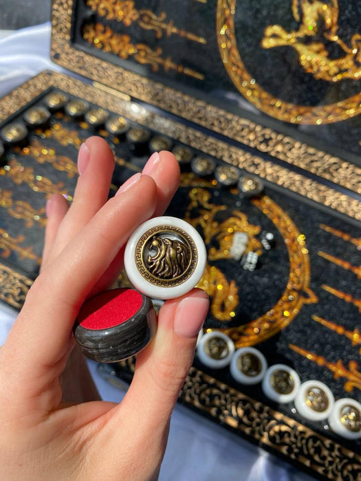 Black Acrylic Stone Backgammon Customized With Large Gold Lion