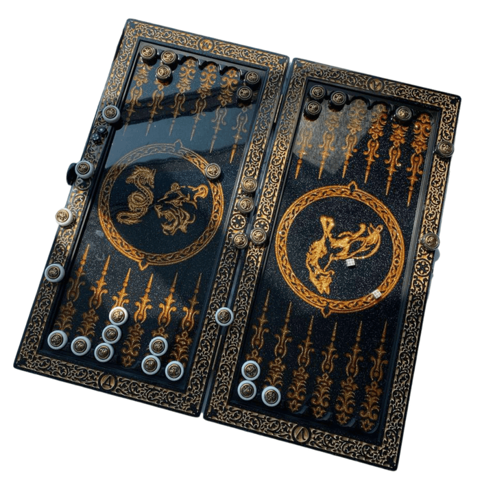 Black Acrylic Stone Backgammon Customized With Large Gold Lion