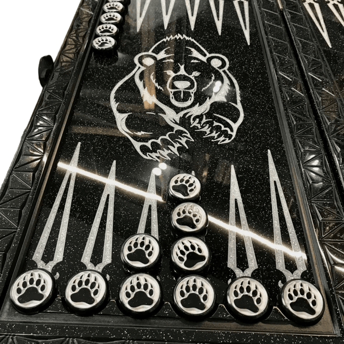 Black Acrylic Stone Backgammon "Silver Bear", Bakcgammon Set, Limited - Artynov | Unique Handmade Accessories