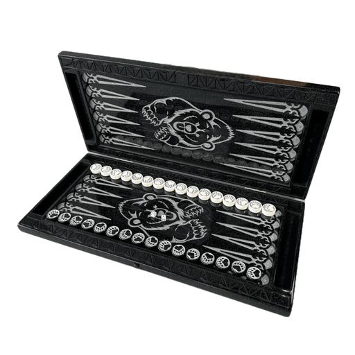 Black Acrylic Stone Backgammon "Silver Bear", Bakcgammon Set, Limited - Artynov | Unique Handmade Accessories