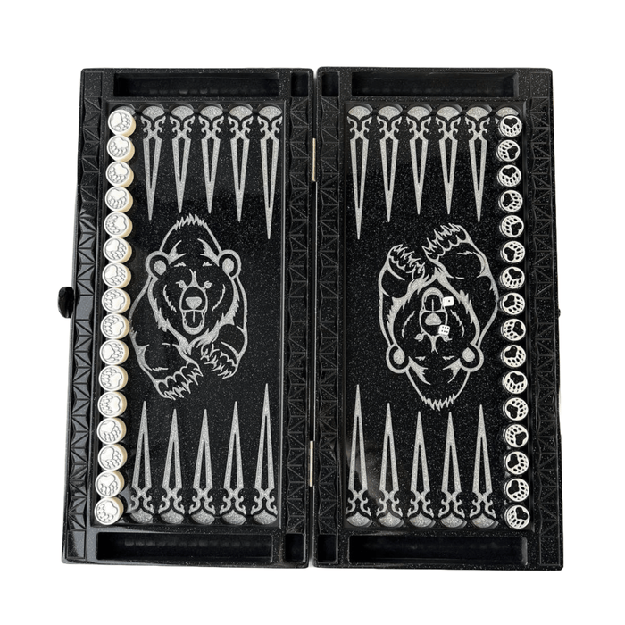 Black Acrylic Stone Backgammon "Silver Bear", Bakcgammon Set, Limited - Artynov | Unique Handmade Accessories