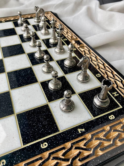 Black Acrylic Stone Chess And Checkers Set, Gifted Game Board