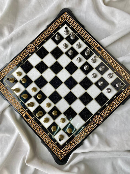 Black Acrylic Stone Chess And Checkers Set, Gifted Game Board