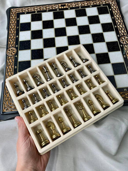 Black Acrylic Stone Chess And Checkers Set, Gifted Game Board