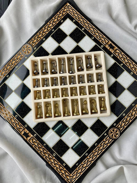 Black Acrylic Stone Chess And Checkers Set, Gifted Game Board