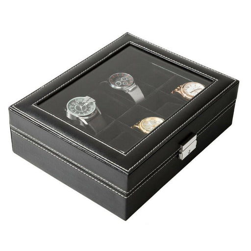 Black Faux Leather Watch Box with 10 Slots for Watch Storage