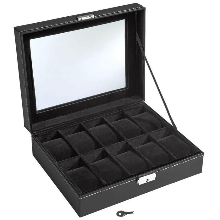 Black Faux Leather Watch Box with 10 Slots for Watch Storage