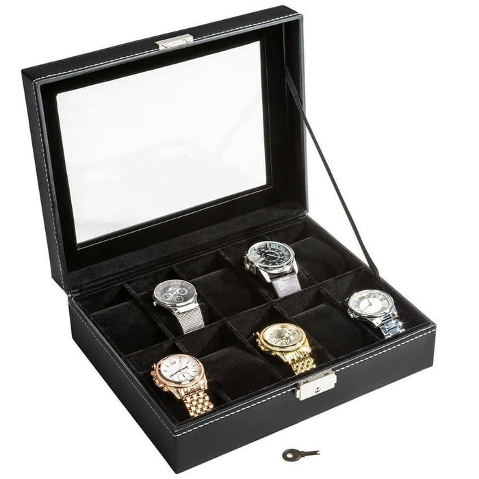 Black Faux Leather Watch Box with 10 Slots for Watch Storage