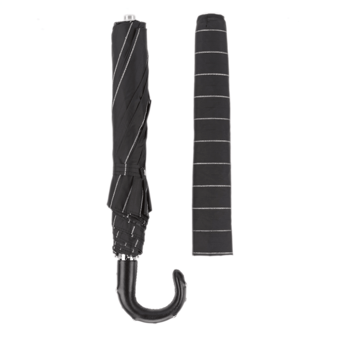 Black Striped Folding Umbrella with Studs Leather Handle