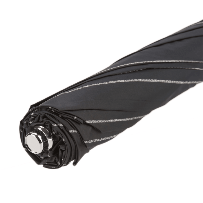 Black Striped Folding Umbrella with Studs Leather Handle