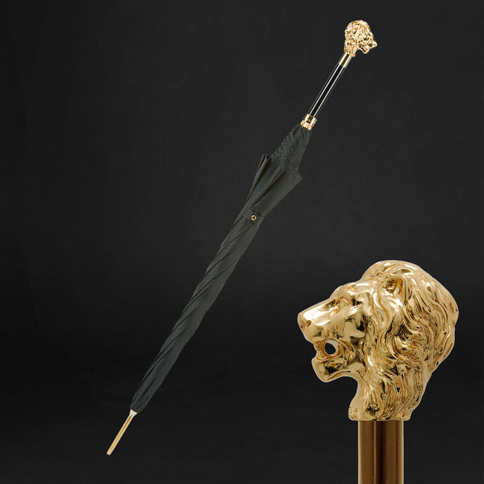 Black Umbrella with Gold Lion Handle, Luxurious Accessory