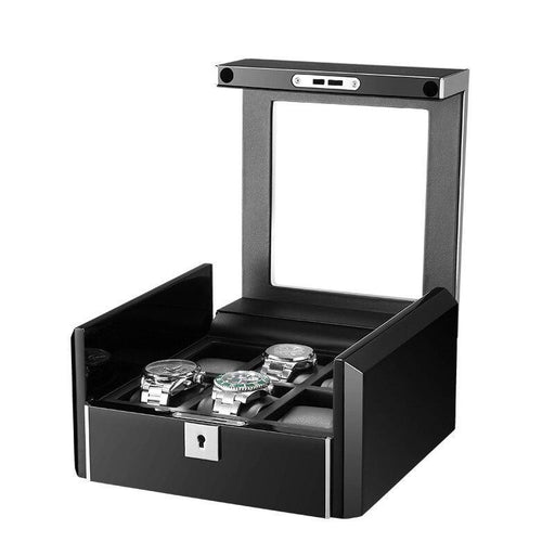 Black Wooden Watch Box with Secure Lock and 6 Slots