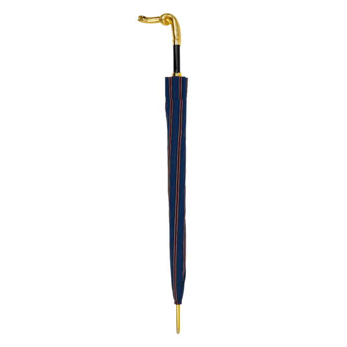 Blue and Bordeaux Striped Umbrella with Gold Snake Handle