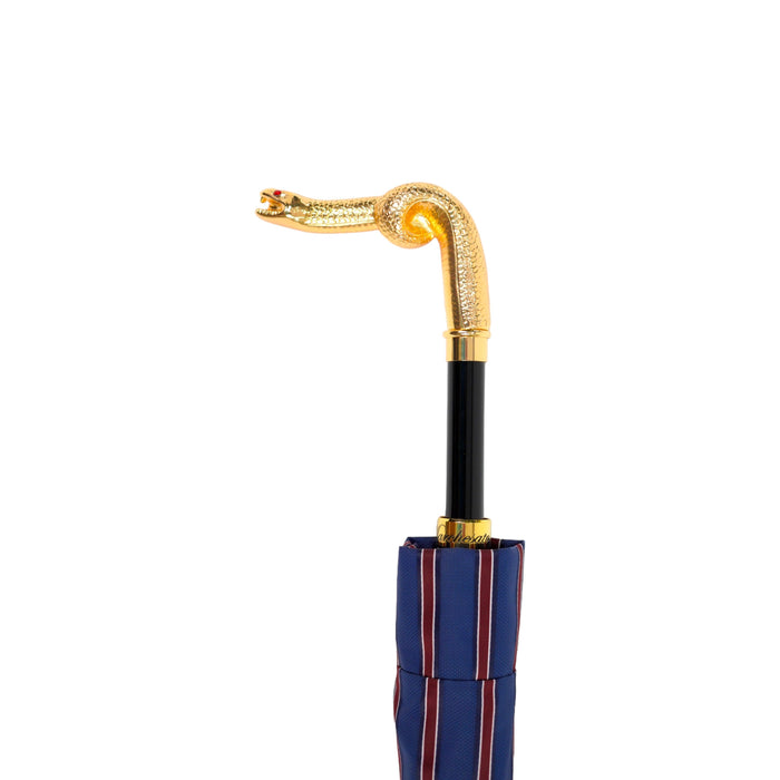 Blue and Bordeaux Striped Umbrella with Gold Snake Handle