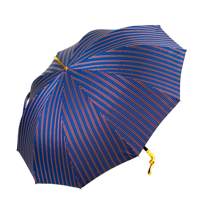 Blue and Bordeaux Striped Umbrella with Gold Snake Handle