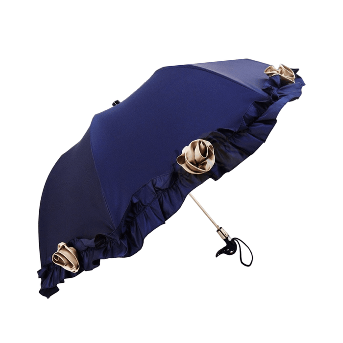 Blue Ruffled Folding Umbrella Embellished with Roses