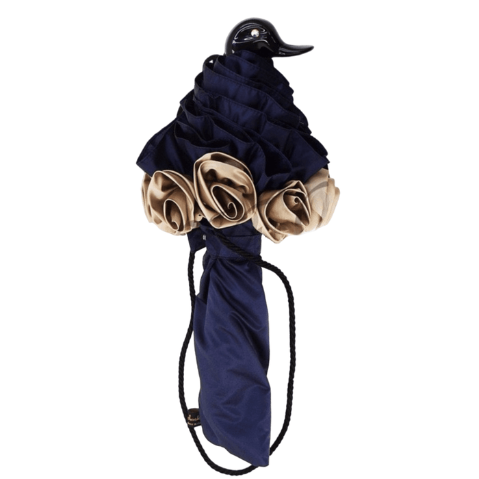 Blue Ruffled Folding Umbrella Embellished with Roses