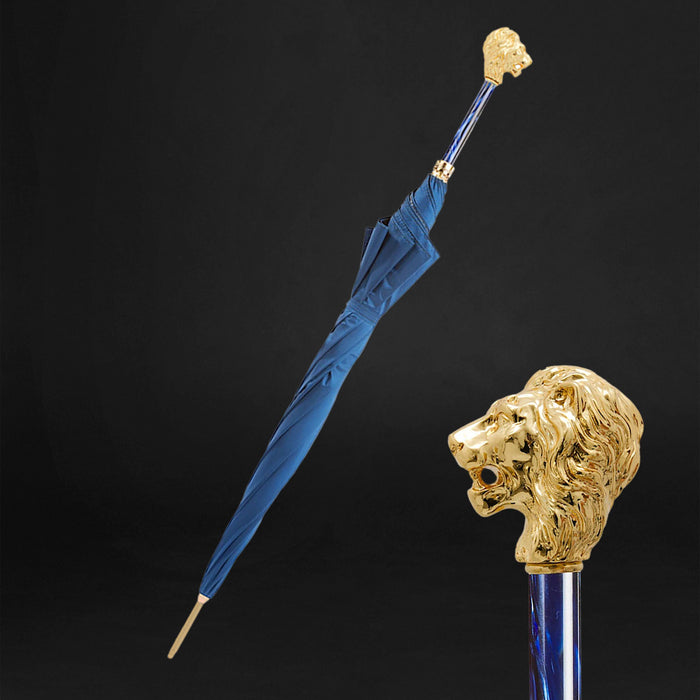 Blue Umbrella with Gold Lion Handle, with Case and Ring