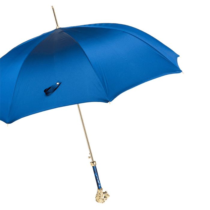 Blue Umbrella with Gold Lion Handle, with Case and Ring