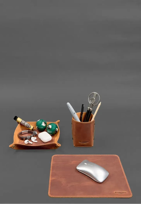 Light Brown Leather Desk Set – Elegant Organizer for Office or Home