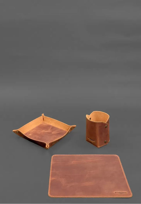 Light Brown Leather Desk Set – Elegant Organizer for Office or Home