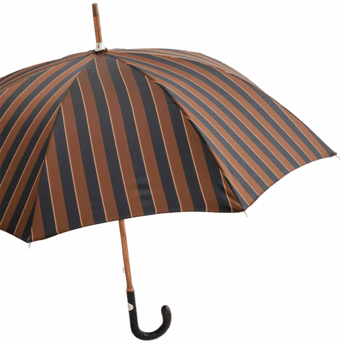 Brown Large Striped Umbrella with Ostrich Leather Handle