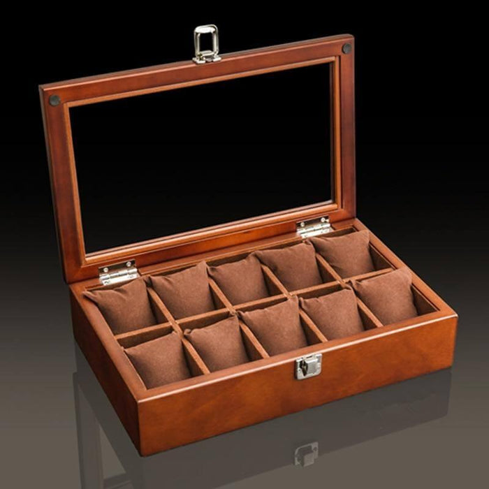 Brown Wooden Watch Box with 10 Slots for Timepiece Storage