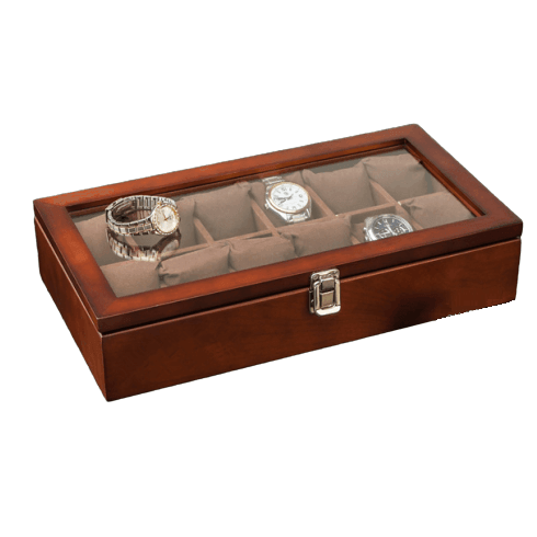 Brown Wooden Watch Box with 12 Slots for Timepieces