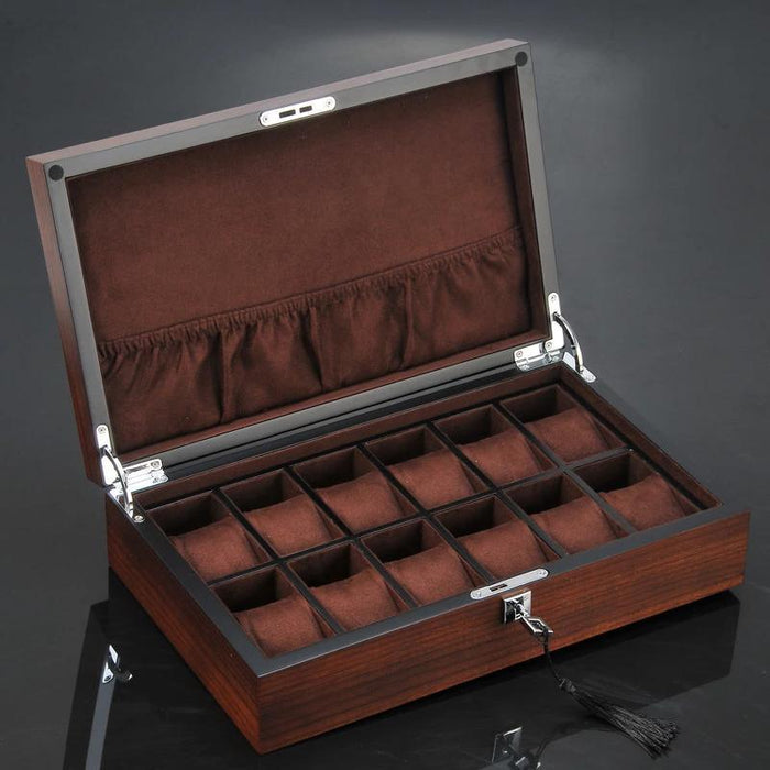 Brown Wooden Watch Box with Convenient Pocket and 12 Slots