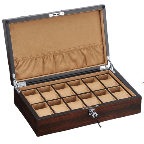 Brown Wooden Watch Box with Convenient Pocket and 12 Slots